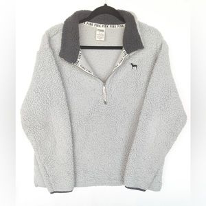 PINK Quarter Zip Sherpa Pullover Sweatshirt Light Gray
